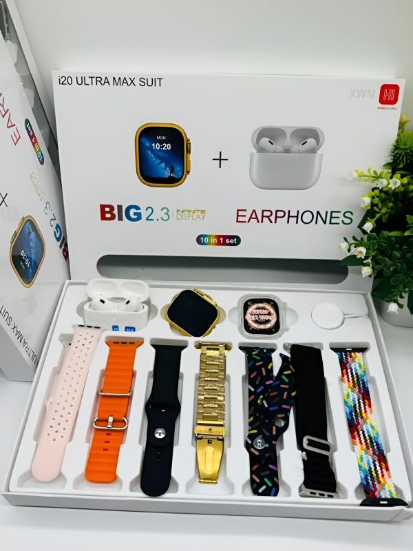 I20 Ultra Max Smartwatch 2.3" Display – 10-in-1 Box with 7 Straps + AirPods 2