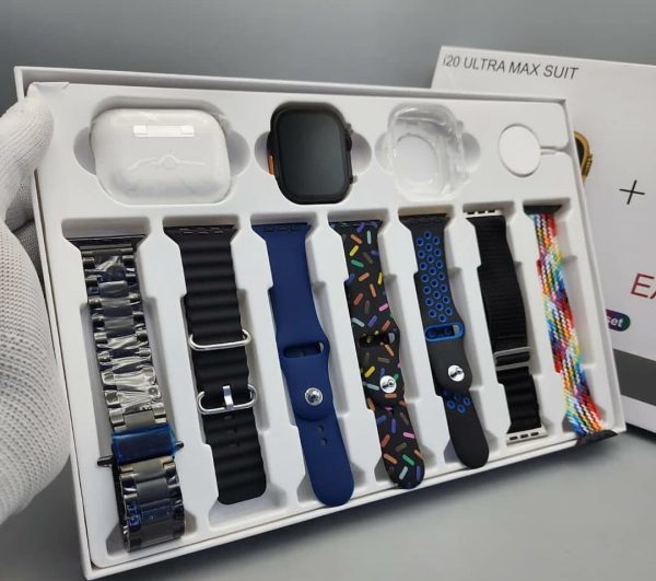 I20 Ultra Max Smartwatch 2.3" Display – 10-in-1 Box with 7 Straps + AirPods 2