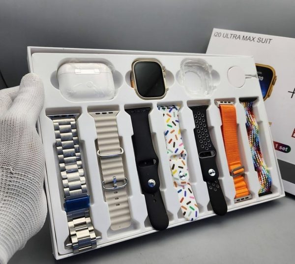 I20 Ultra Max Smartwatch 2.3" Display – 10-in-1 Box with 7 Straps + AirPods 2