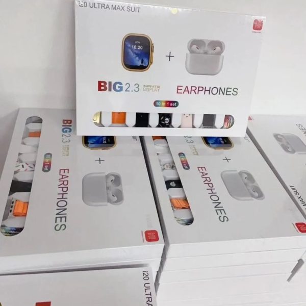 I20 Ultra Max Smartwatch 2.3" Display – 10-in-1 Box with 7 Straps + AirPods 2