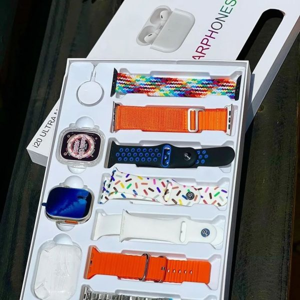 I20 Ultra Max Smartwatch 2.3" Display – 10-in-1 Box with 7 Straps + AirPods 2