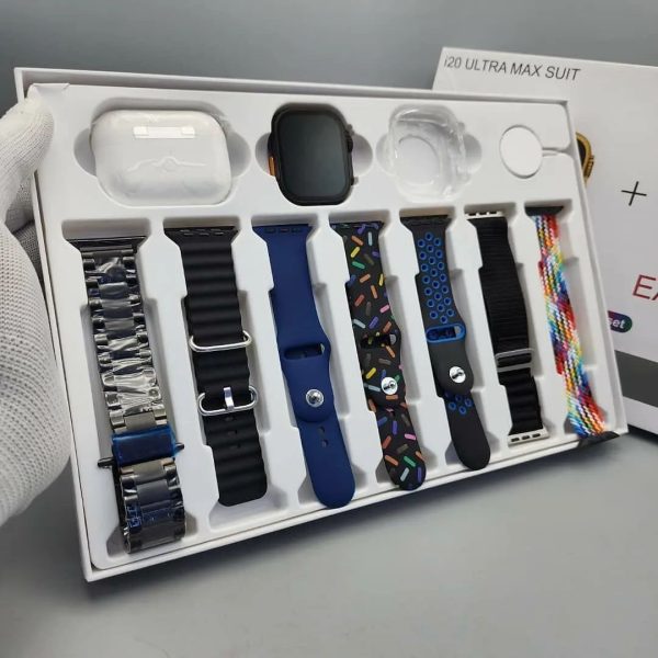 I20 Ultra Max Smartwatch 2.3" Display – 10-in-1 Box with 7 Straps + AirPods 2