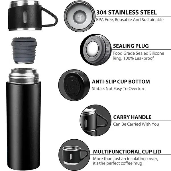 3-in-1 Vacuum Insulated Thermal Flask Set with Matching Cups